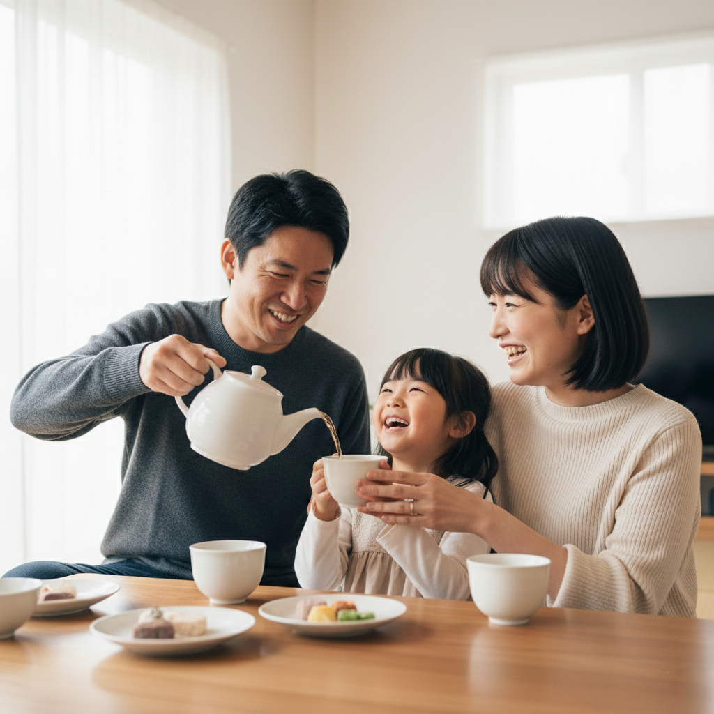 Happy Japanese family sitting together